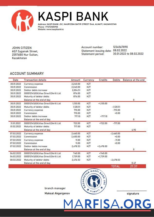Blank Kazakhstan Kaspi bank statement word sample